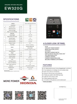 La machine de soudage KOVO GASOLINE EW320G R pour la production d'électricité Durable 930*620*640MM